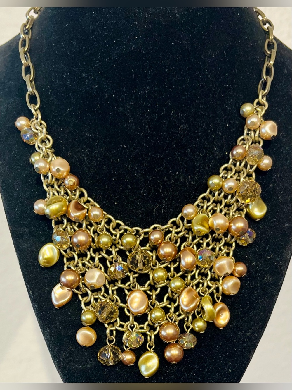 Vintage Chainbail Bib Necklace with Gold, Bronze and Pearl Tones